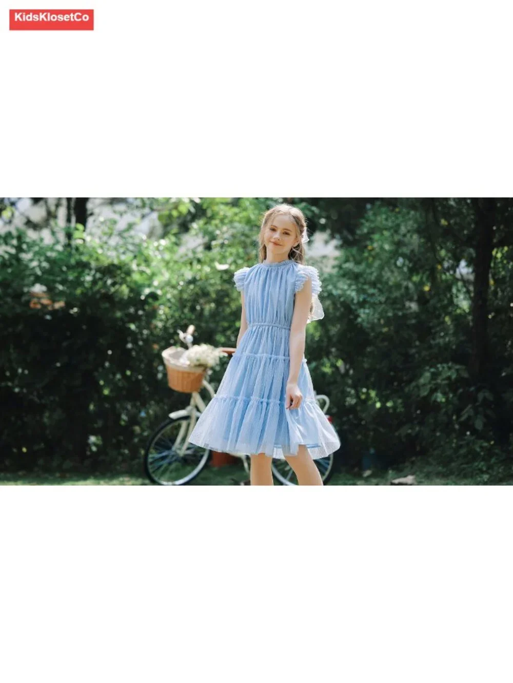 Girls Tulle Dress Three Layers Ruffle Sleeve Tiered Skirt Party Casual